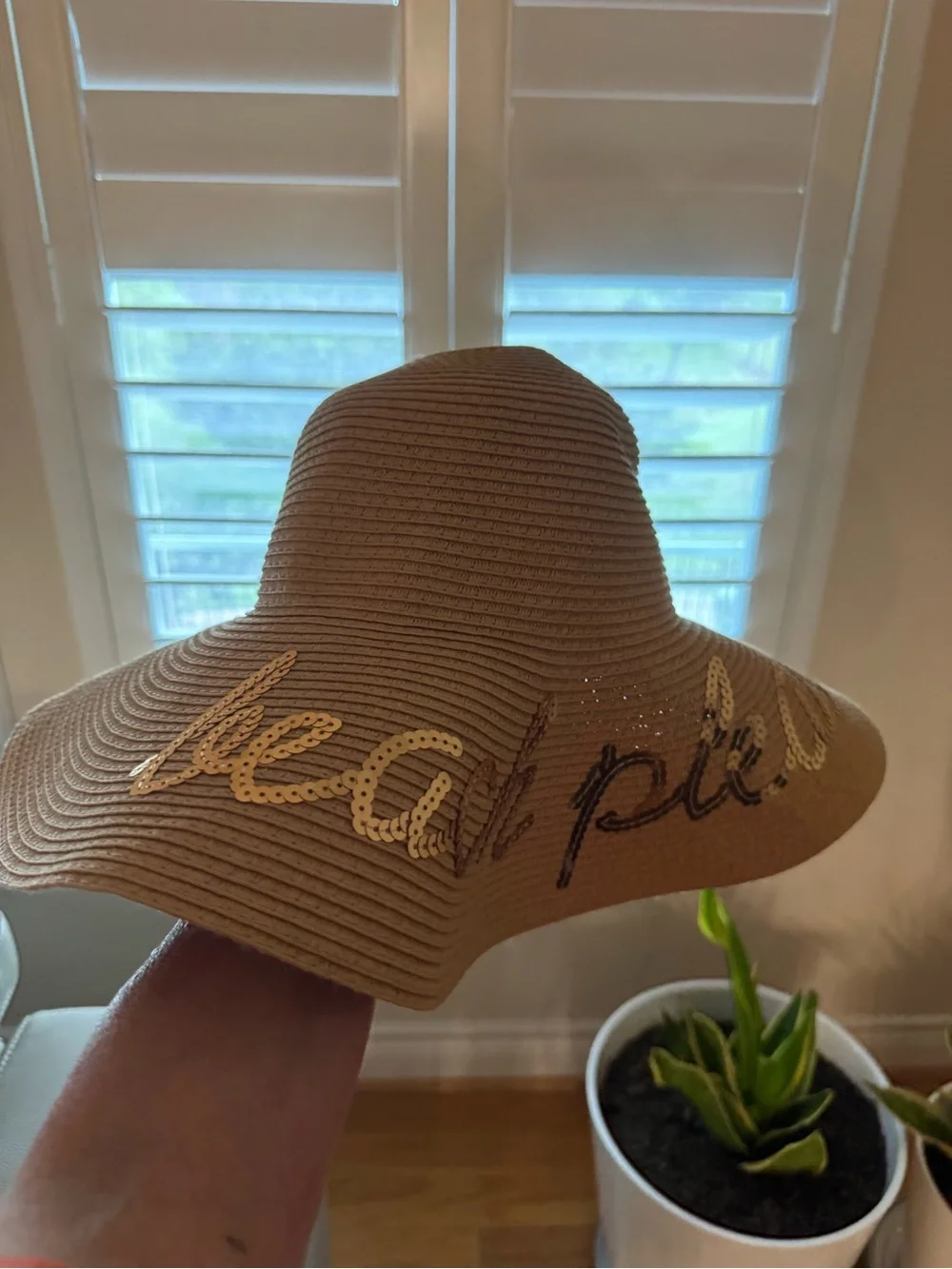 Embellished Wide-Brim Straw Sun Hat - Gold Script